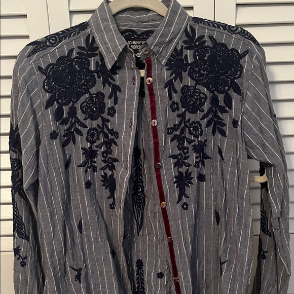 Johnny Was Gray and Navy Embroidered Shirt - Picture 1 of 6
